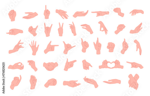 Collection of different hand gestures, signs shown with palm and fingers isolated on white background. Non-verbal or manual communication, emotional expressions, body language. Vector illustration.