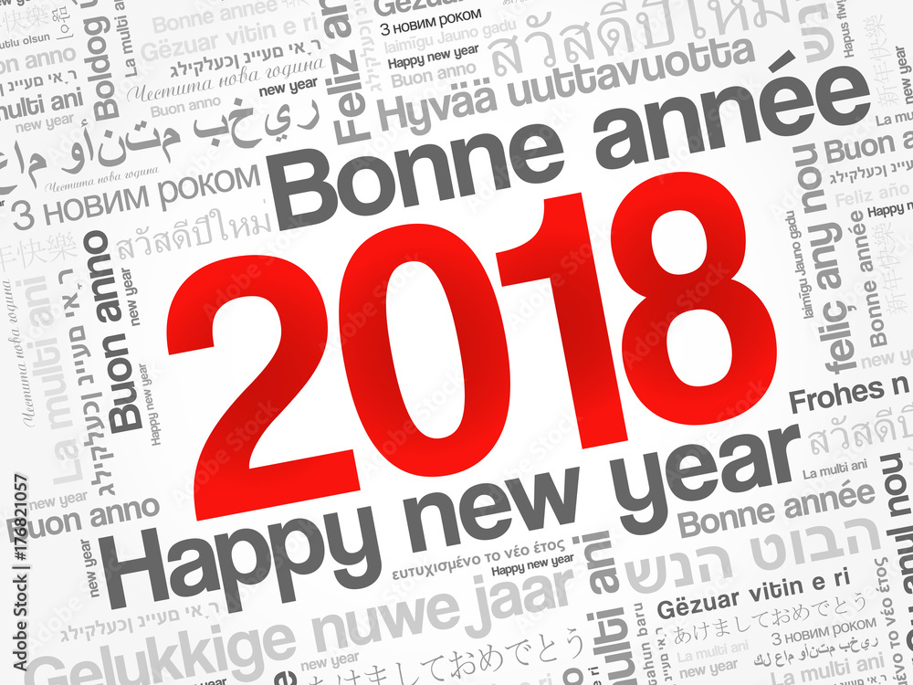 2018 Happy New Year in different languages, celebration word cloud greeting card 2018 Happy New Year in different languages, celebration word cloud greeting card