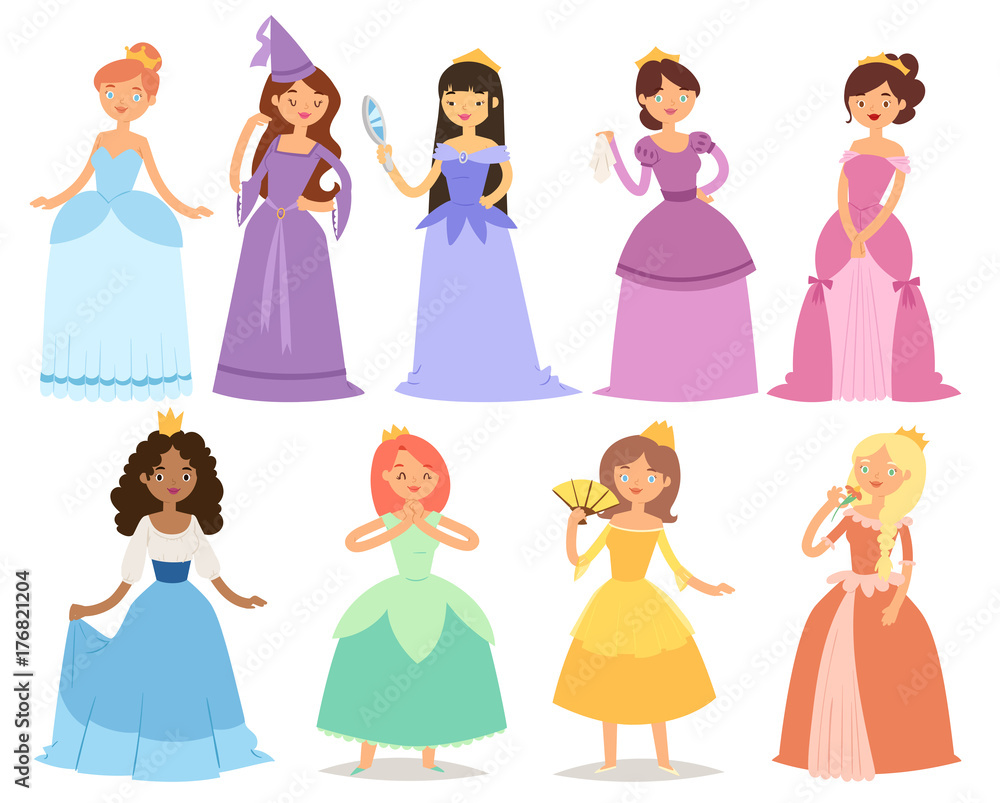 Cartoon girl princess characters different fairy-tale clothes dress cute adorble girls vector illustration.