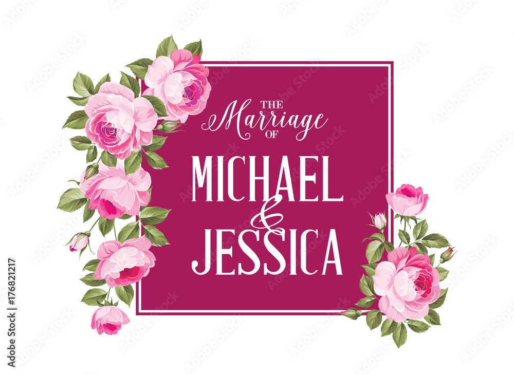 Marriage invitation card with custom sign and flower frame over white background. Vector illustration. Marriage invitation card with custom sign and flower frame over white background. Vector illustration.