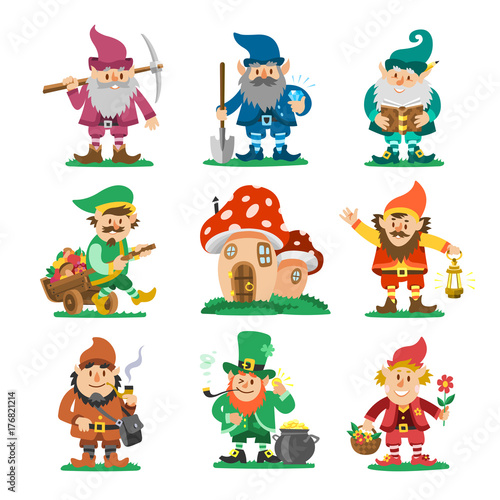 Fairy-tale fantastic gnome dwarf elf character poses magical leprechaun cute fairy tale man vector illustration