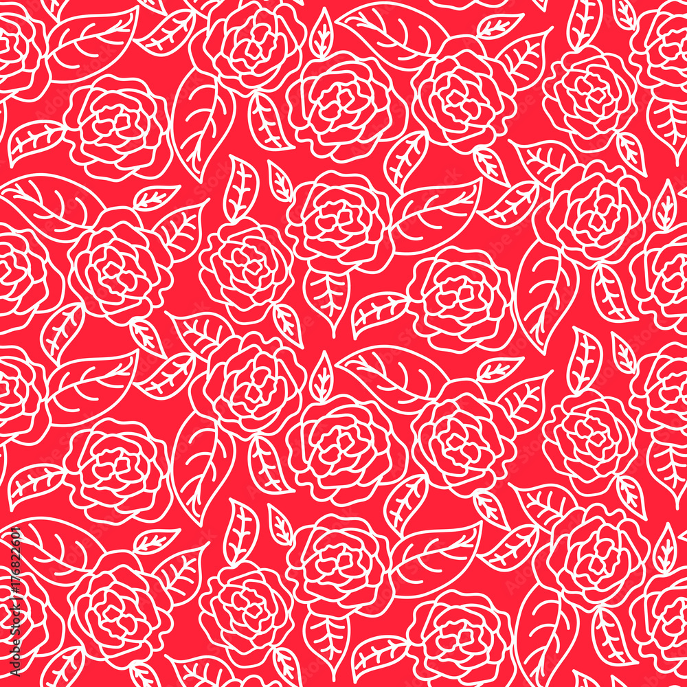 Red line roses floral pattern seamless vector. Flat white contour colored flowers for print on fabric or wallpaper.