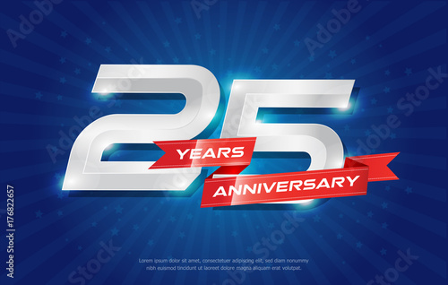 25 years anniversary background with red ribbon and star on blue background. celebrating logotype, poster or brochure template. Vector illustration