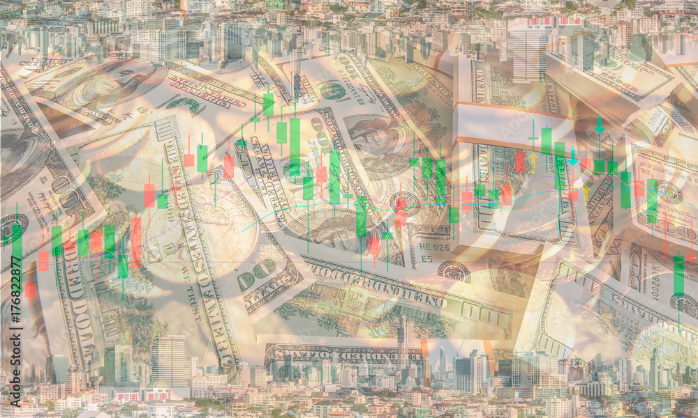 The conceptual multi exposure image of investment, financial and real estate market with dollar, gold coin, stock chart and building as represented symbols. The background image for investment market