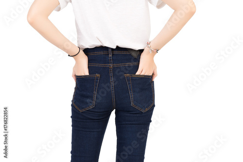 Denim blue jeans cotton pants skinny fashions Closeup, Slim fit of legs standing longer body female, lady, woman, girl raw back view on isolated white background