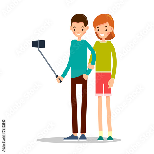 Boy and girl with mobile phone. Man and woman do selfie