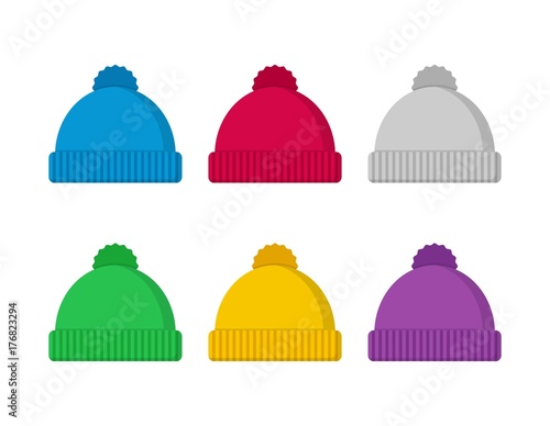 Knitted hat winter set in flat style isolated on white background. Fashion accessory vector illustration