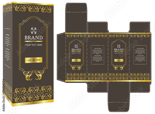 Packaging design, gold luxury box design template and mockup box. Illustration vector