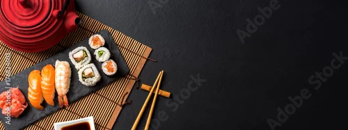 Obraz  z motywem Set of sushi with wasabi, soy sauce and teapot on black stone background