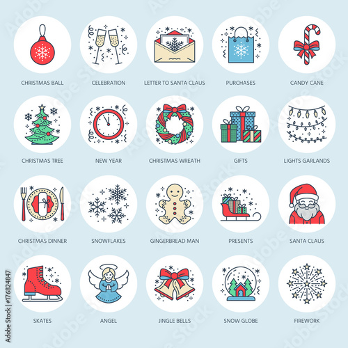 Christmas, new year flat line icons. Winter holidays - christmas tree gift, snowman, santa claus, fireworks, angel. Vector illustration, signs for celebration xmas party.