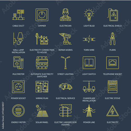 Electricity engineering vector flat line icons. Electrical equipment, power socket, torn wire, energy meter, lamp, wiring design, multimeter. Electrician services signs, house repair illustration.