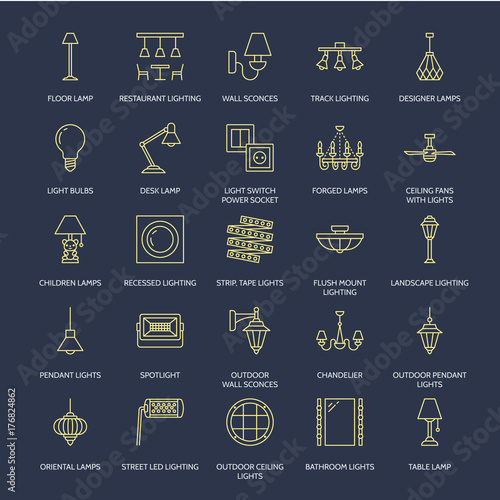 Light fixture, lamps flat line icons. Home and outdoor lighting equipment - chandelier, wall sconce, desk lamp, light bulb, power socket. Vector illustration, signs for electric, interior store.