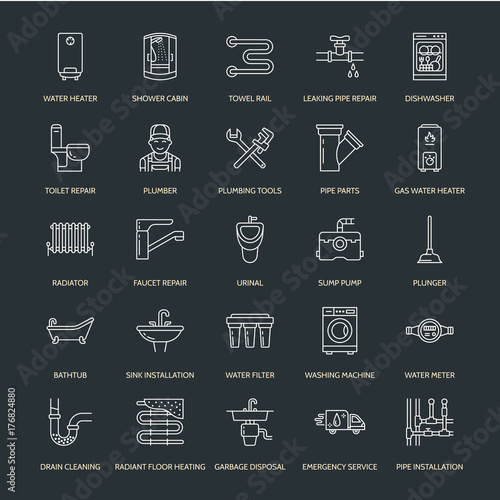 Plumbing service vector flat line icons. House bathroom equipment, faucet, toilet, pipeline, washing machine, dishwasher. Plumber repair illustration, thin linear signs for handyman services.