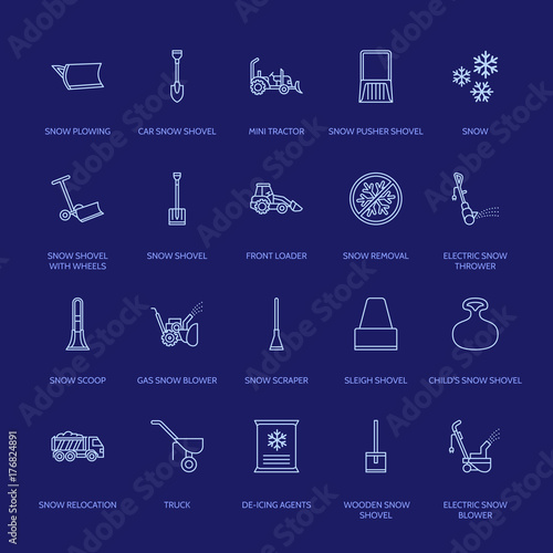 Snow removal flat line icons. Ice relocation service signs. Cold weather equipment - snow thrower, blower, truck, front loader, snow shovel. Vector illustration, industrial cleaning symbols.