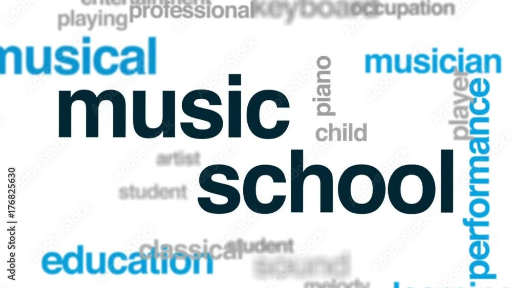 Music school animated word cloud, text design animation. Music school animated word cloud, text design animation.