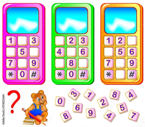 Worksheet for young children. Help the bear to repair mobile phones. Find the missing numbers and write them on the correct places. Logic puzzle game. Vector cartoon image.