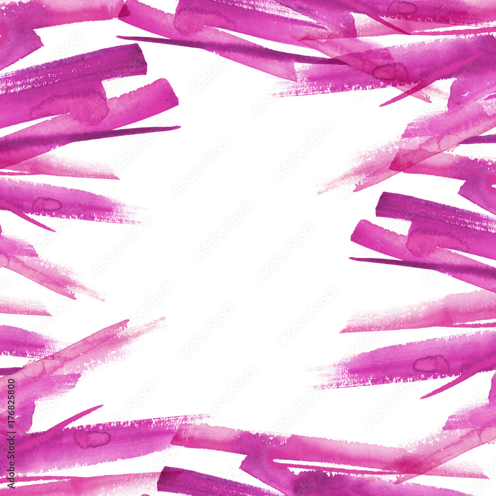 Watercolor frame of pink abstract strokes, splashes, blots of paint. Watercolor stroke, background, pink paint.  With a place for an inscription and your design