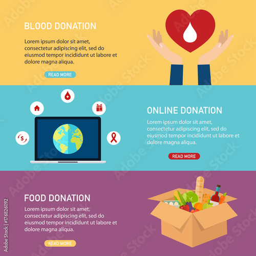 Donation vector concept illustrations. Blood donation, online donation, food donation. Donation boxes. Concept for web banners, websites, infographics.