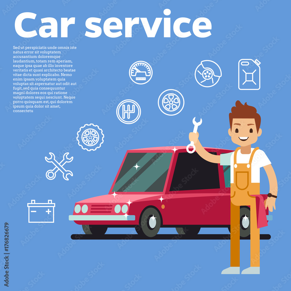 Cars tips vector illustration. auto mechanic with wrench against the red car on background