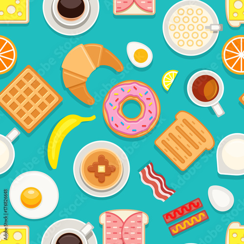 Breakfast seamless texture. Different meals and drinks colored on blue background. Vector cartoon style illustration