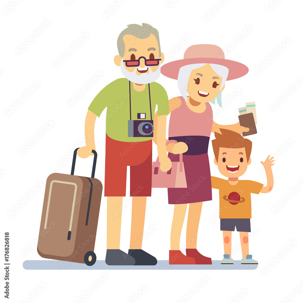 Old people with grandson travelers on holiday. Smiling grandparents on vacation. Happy elderly veteran traveling vector concept