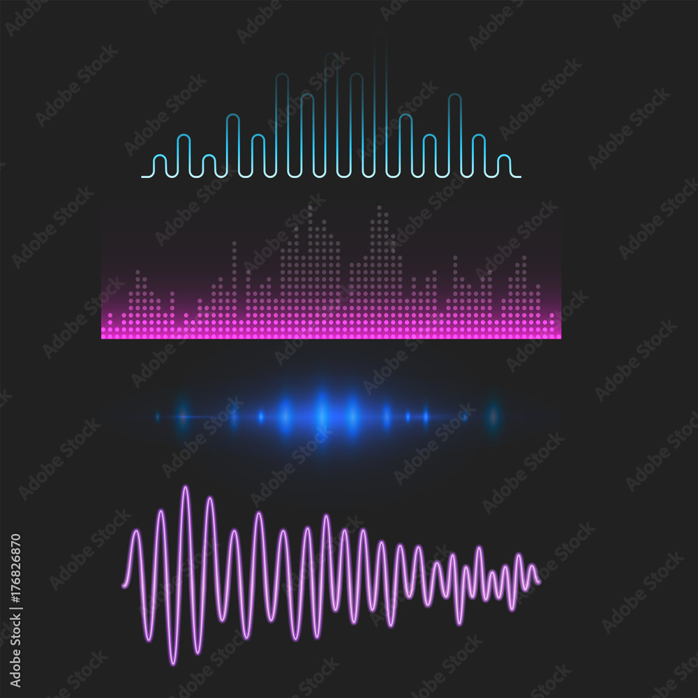 Vector digital music equalizer audio waves design template audio signal visualization signal illustration. Vector digital music equalizer audio waves design template audio signal visualization signal illustration.