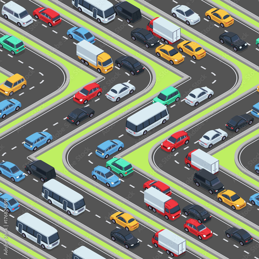 Urban cars seamless texture. Isometric roads and car traffic