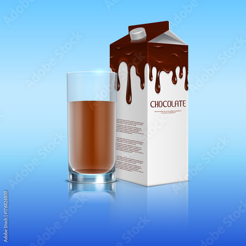 Milk chocolate in the package with a full glass of cocoa realistic