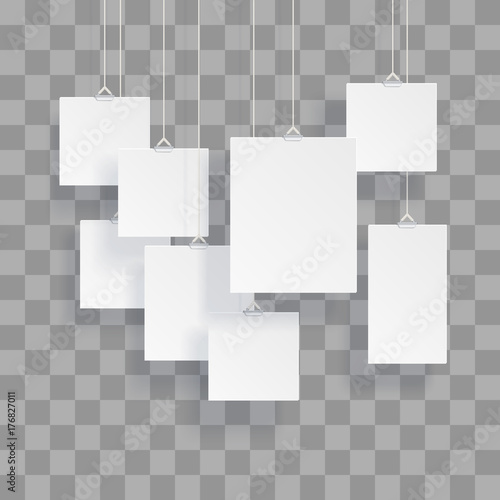 Blank hanging photo frames or poster templates isolated on transparent background