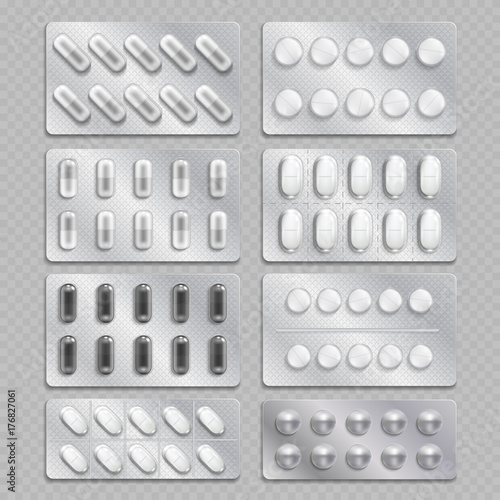 Realistic 3d drugs packaging, painkiller pills isolated on transparent background