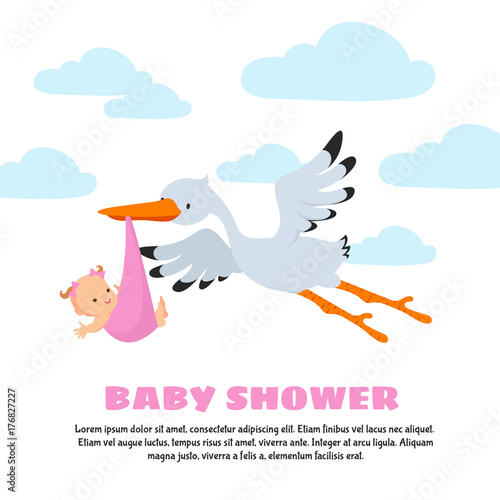 Baby shower vector background with stork carrying infant