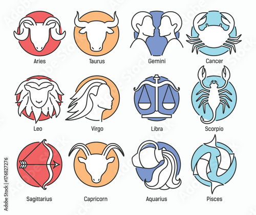 Collection of zodiac signs isolated on white background and indicated by colors of classical elements - fire, earth, air, water. Astrological constellation symbols. Colorful vector illustration.