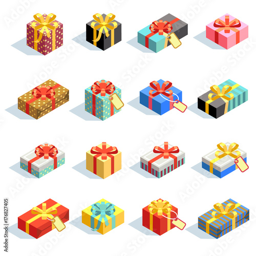 Big set of different colored 3D giftboxes with ribbons isolated. Vector illustration