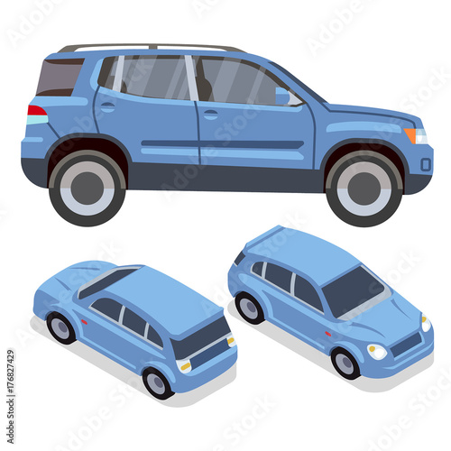Vector flat-style cars in different views. Blue suv