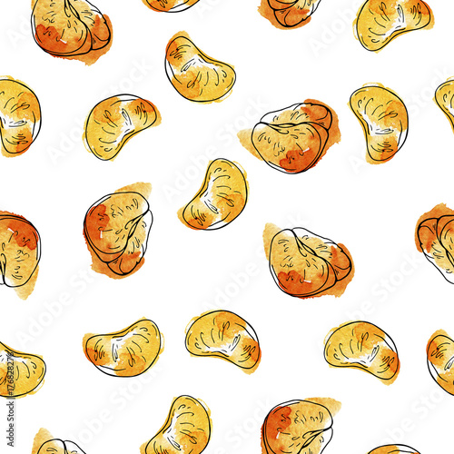 Seamless pattern with orange tangerine pieces on white background. Hand drawn watercolor and ink illustration.