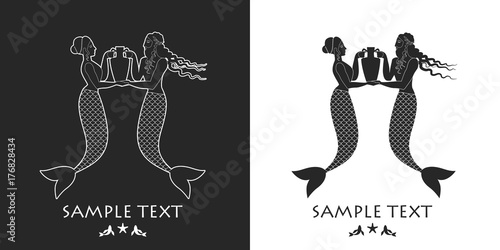 Ancient Greece mermaid and triton carrying an amphora. Mediterranean mythology