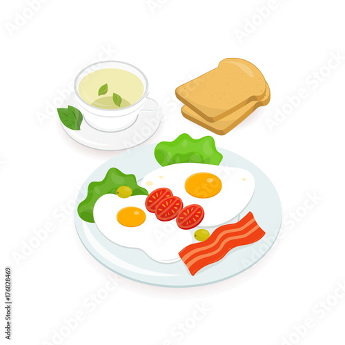 Delicious breakfast consisted of fried eggs with bacon strips and fresh vegetables lying on plate, pair of bread slices and cup of hot green tea. Tasty morning food. Colorful vector illustration.