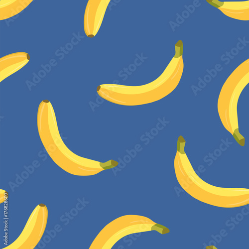 Bright colored seamless pattern with ripe yellow bananas on blue background