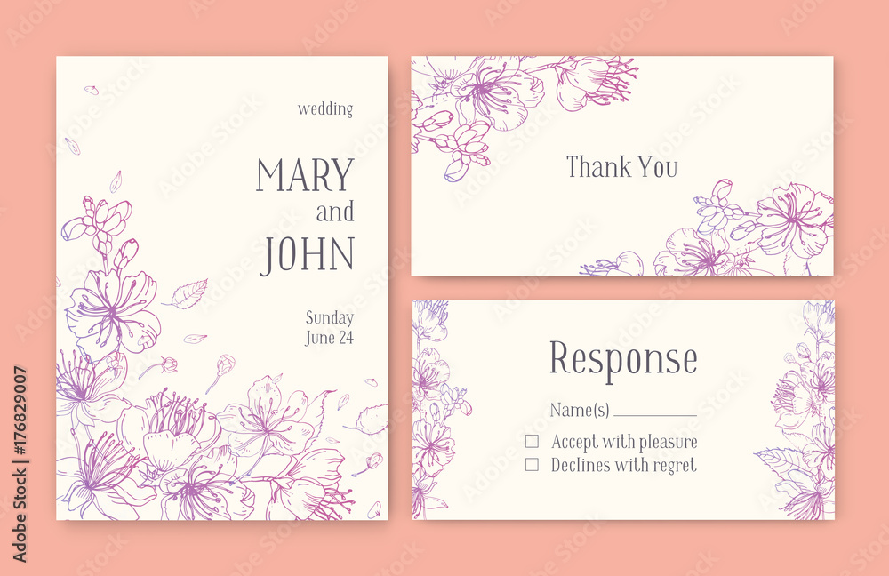 Set of gorgeous templates for Save the Date card, wedding invitation or thank you note with Japanese sakura flowers hand drawn with pink contour lines on light background. Floral vector illustration.