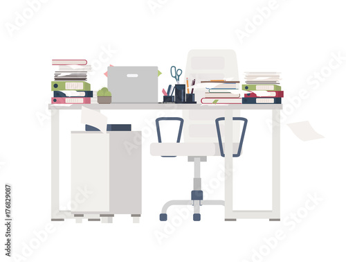 Office chair and desk completely covered with documents, folders, stationery. Table cluttered with papers. Working place and overwhelming amount of work. Colorful flat cartoon vector illustration.