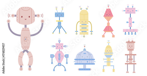 Collection of colorful cute smiling robots isolated on white background. Bund...