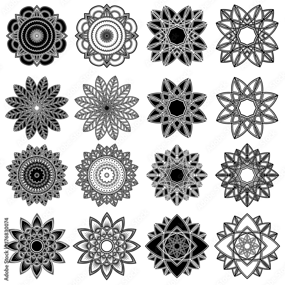 Set of twenty five black stylized flowers
