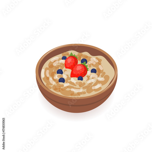 Bowl of delicious oat porridge decorated with fresh strawberries and blueberries isolated on white background. Tasty homemade cereal dish, healthy breakfast meal, morning food. Vector illustration.