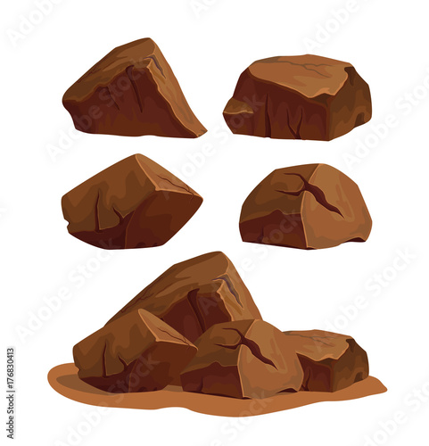 Set of rock stones different shapes and sized. Collection of brown boulders isolated on white background. Stock vector illustration.