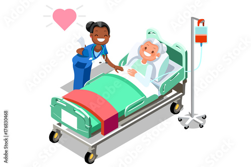 Funny Nurse and Female Elderly Patient in Bed