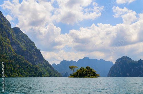 Beautiful mountains lake river sky and natural attractions in Ratchaprapha Dam at Khao Sok National Park, Surat Thani Province, Thailand © rostovdriver