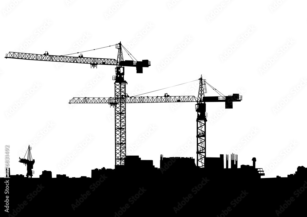 Silhouettes of cargo cranes in city on white background