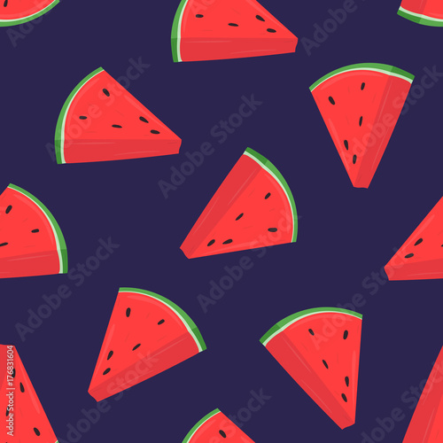 Colorful seamless pattern with pink slices of fresh watermelon on purple background. Backdrop with summer delicious refreshing fruits. Vector illustration for wrapping paper, textile print, wallpaper.