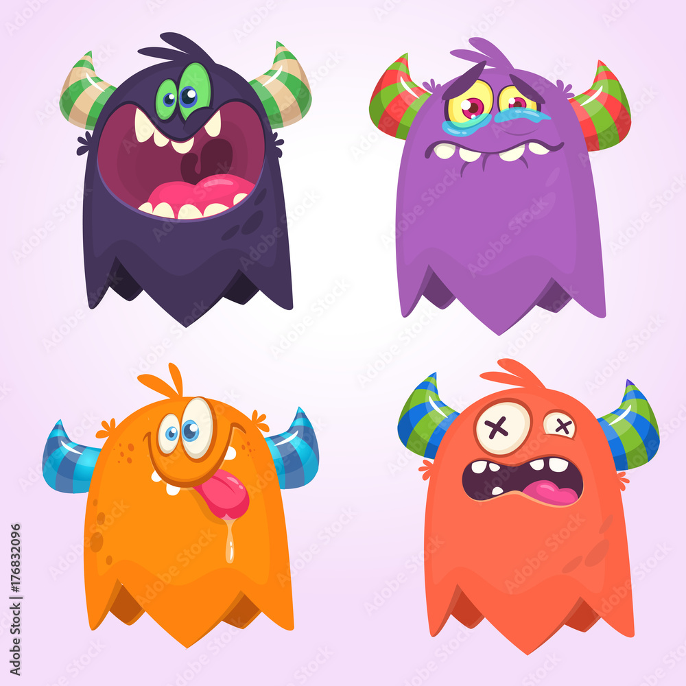 Fototapeta premium Cartoon Monsters set for Halloween. Vector set of cartoon monsters isolated. Design for print, party decoration, t-shirt, illustration, emblem or sticker