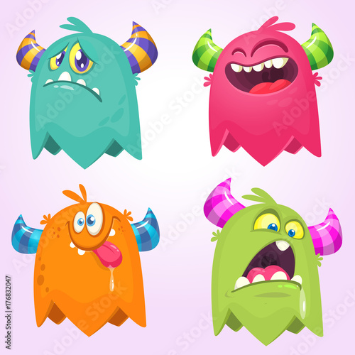 Cartoon Monsters set for Halloween. Vector set of cartoon monsters isolated. Design for print, party decoration, t-shirt, illustration, emblem or sticker
